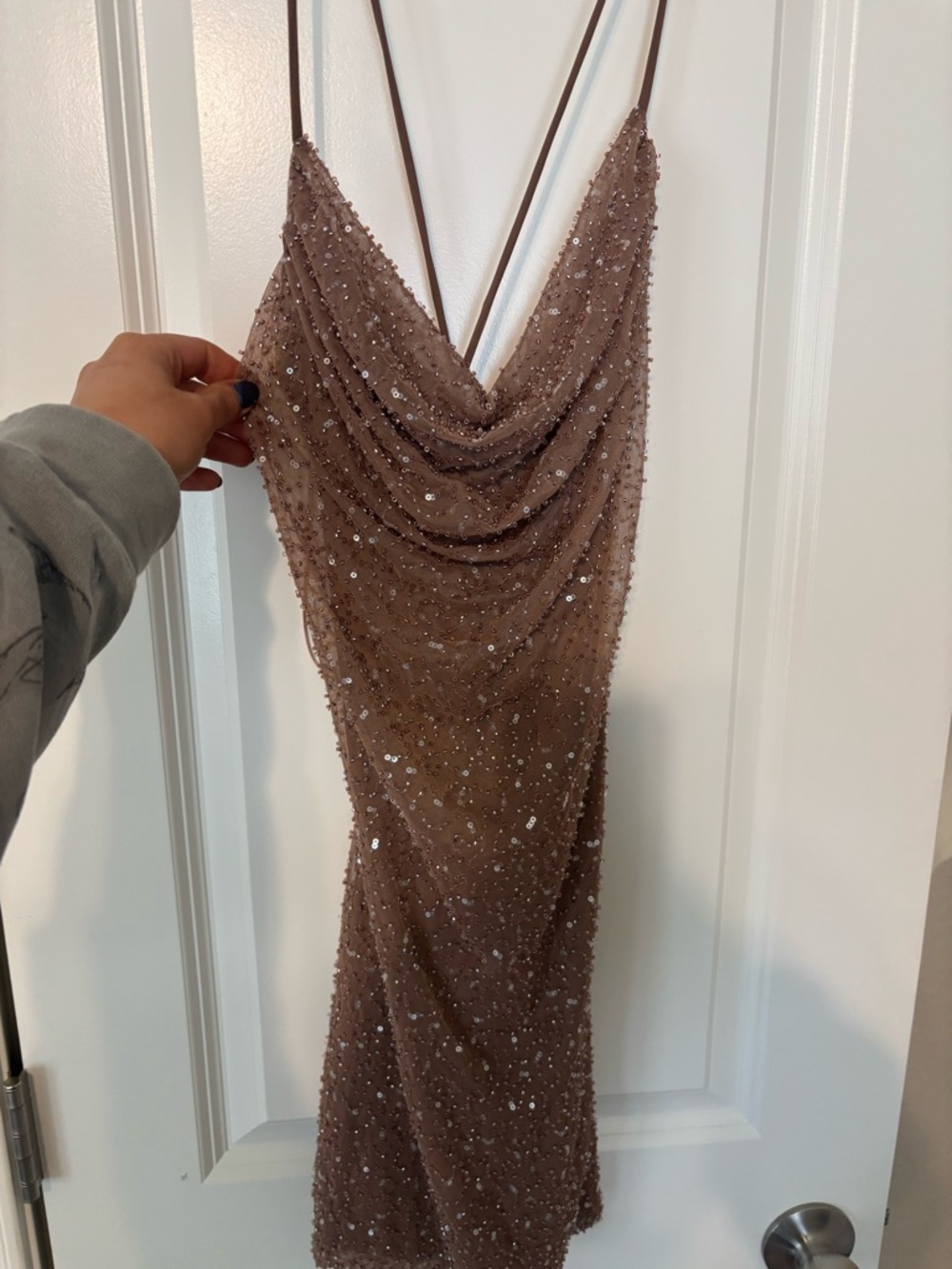 Windsor Sequin-Embellished Brown Cowl Neck Slip Dress